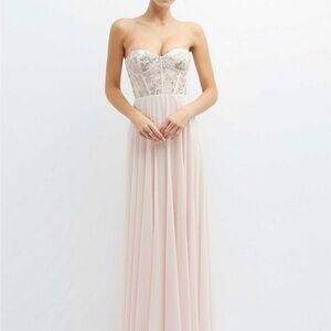 STRAPLESS FLORAL EMBROIDERED CORSET MAXI DRESS WITH CHIFFON SKIRT IN BLUSH
